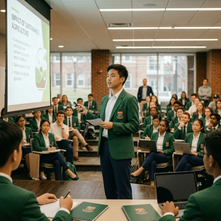 A student in business casual clothes giving a presentation on sustainable agriculture to a classroom of seated people