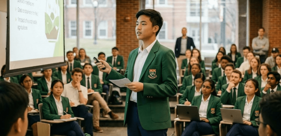 A student in business casual clothes giving a presentation on sustainable agriculture to a classroom of seated people