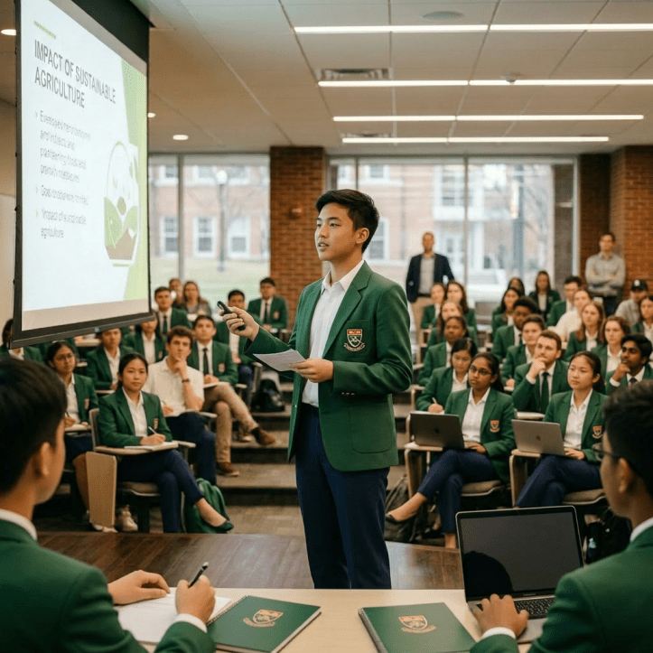 A student in business casual clothes giving a presentation on sustainable agriculture to a classroom of seated people